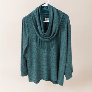 ONE WORLD Green Teal Detachable Cowl Neck Sweater with Fringe Detail Size XXL